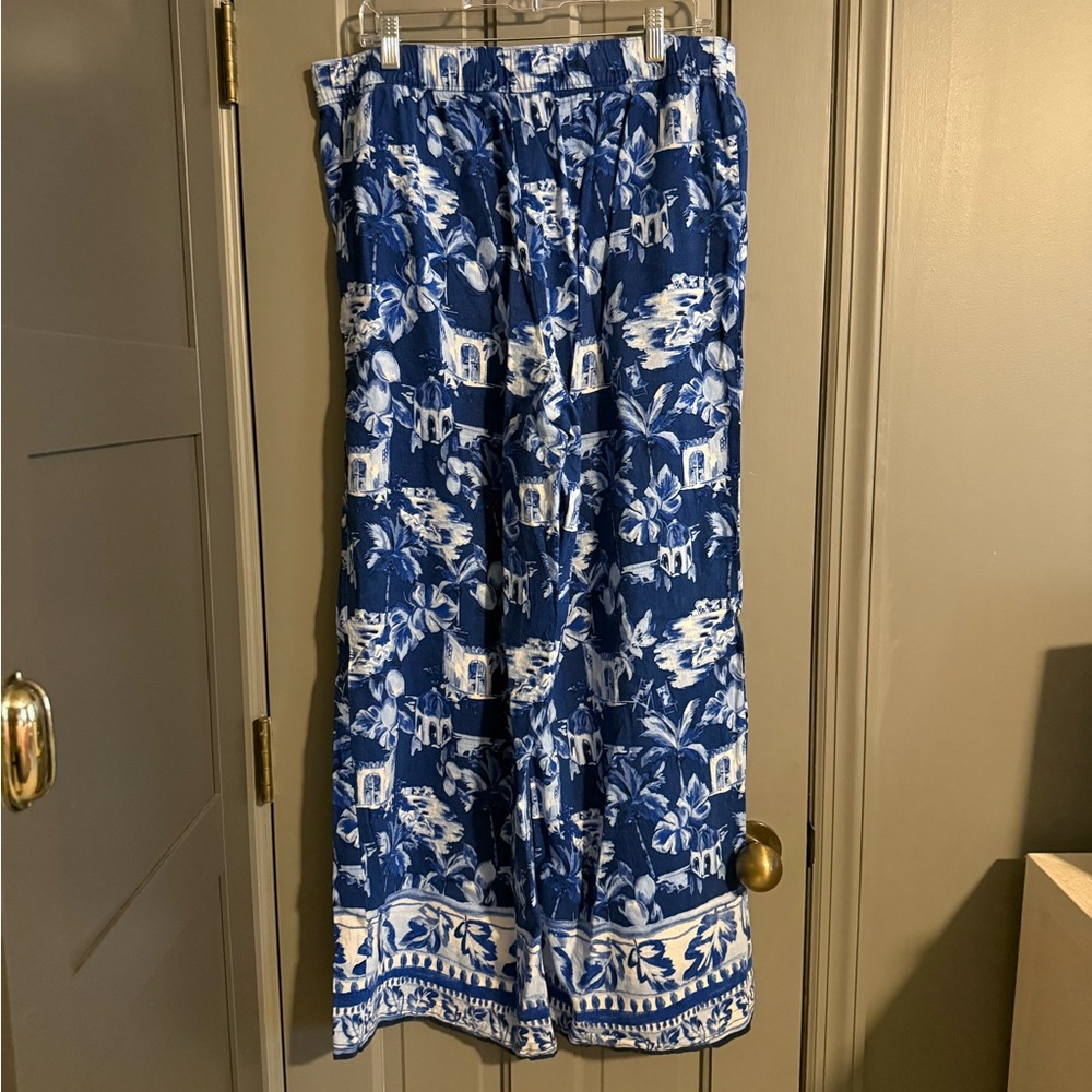 LOFT Blue and White Tropical Print Palazzo Pants